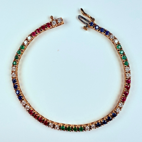 Estate 14K 1.25 TCW Diamond & 2.55 TCW Ruby Emerald Sapphire 3mm Tennis Bracelet - Picture 1 of 13